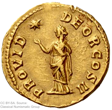 Coin from 193 AD. Providentia raising right hand towards star. Source: Classical Numismatic Group, Inc.
